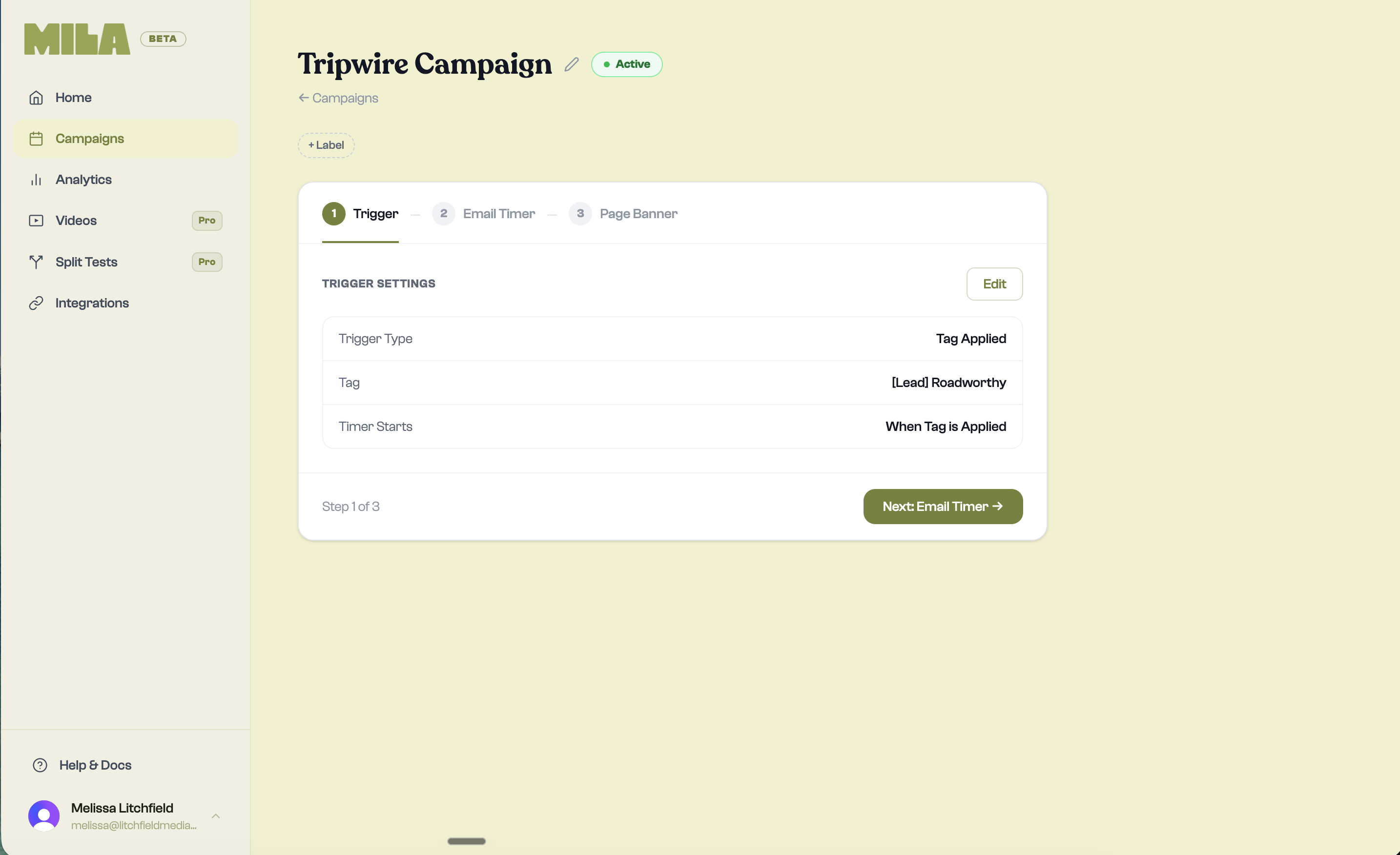 Mila campaign showing a live evergreen timer tied to the subscriber's opt-in date — one personal countdown per subscriber, never resets