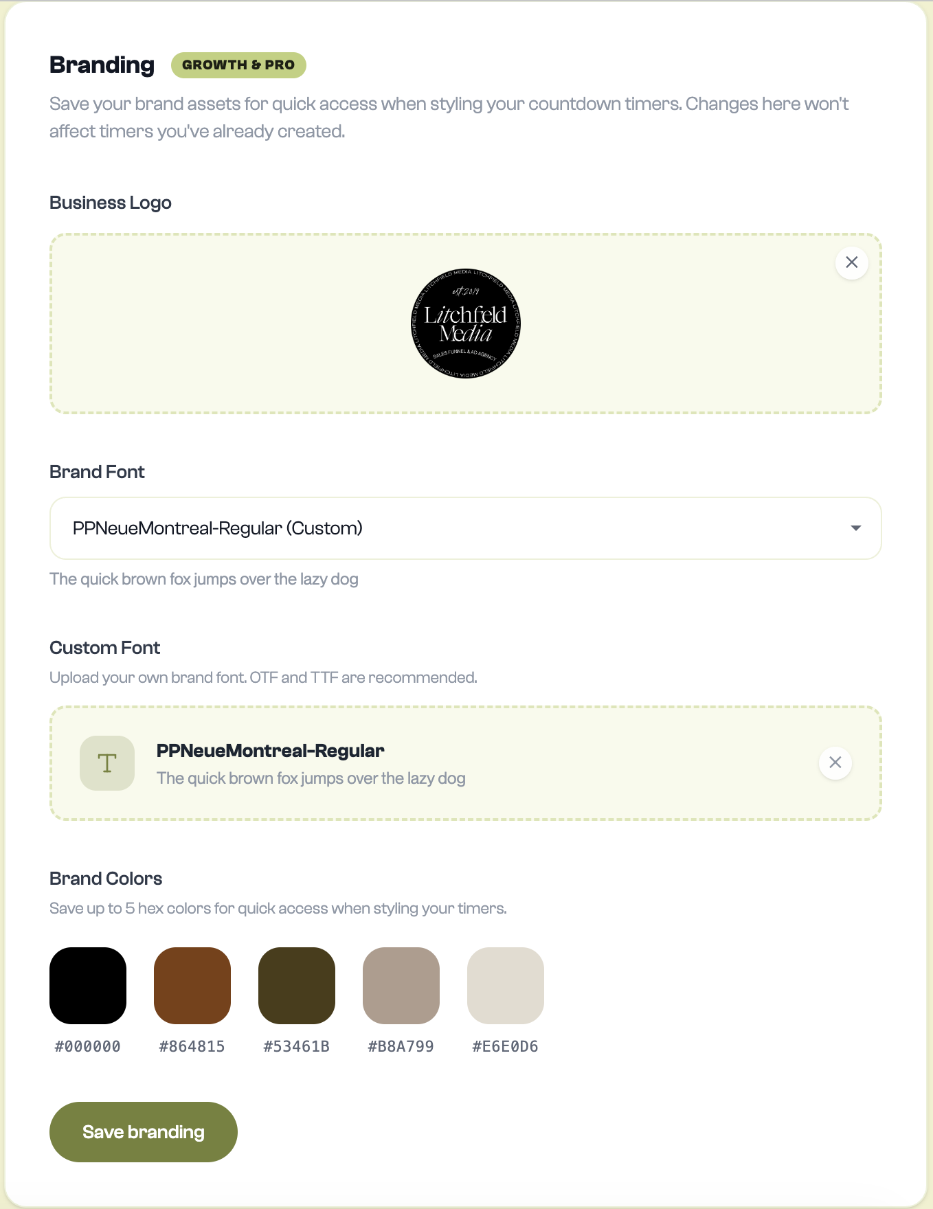 Mila branding settings — logo upload, custom font, and five saved brand color swatches
