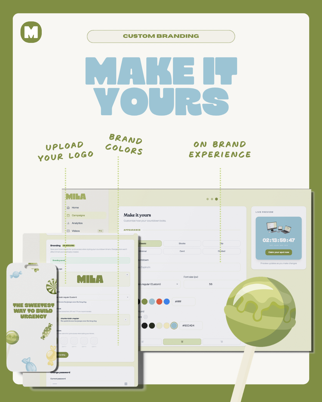 Mila branding panel — upload logo, set brand colors, preview your timer live