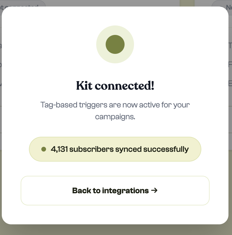 Kit connected — tag-based triggers are now active, 4,131 subscribers synced