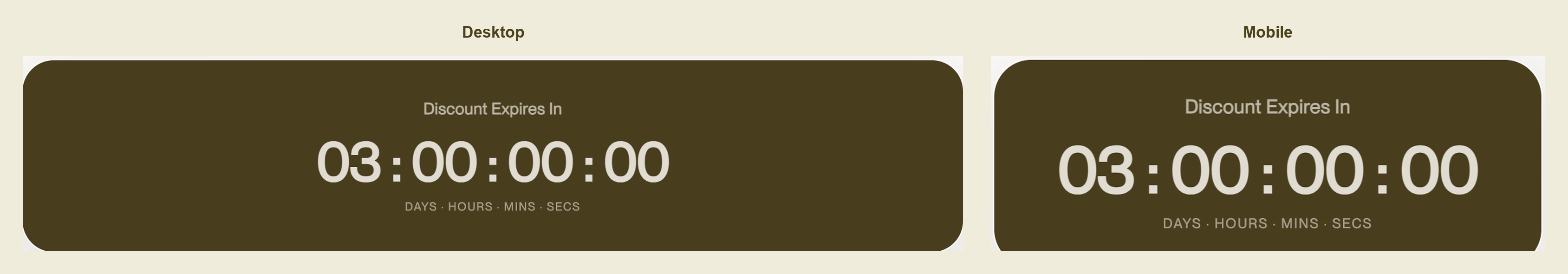 Side-by-side showing the same Mila timer in an email opened on mobile and desktop — same countdown, same deadline
